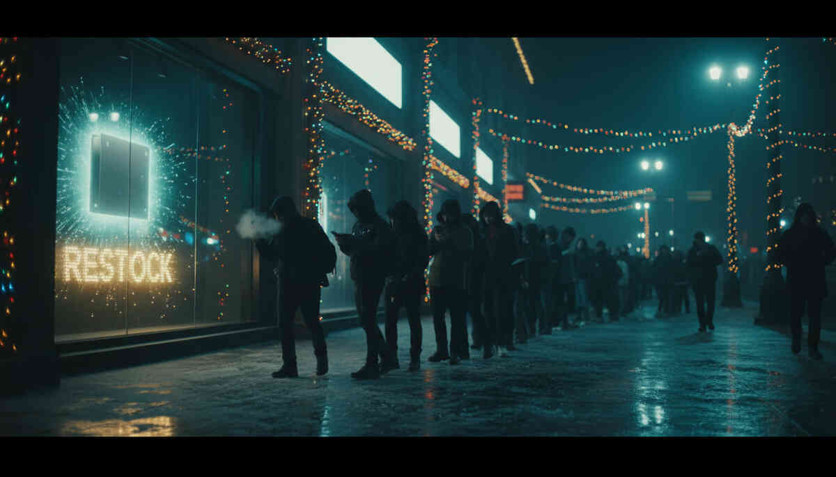 Christmas-night restock chaos outside a giant unbranded electronics store—breath-in-the-cold queue, glowing window alert, wet streets, pure adrenaline and “don’t miss this” panic