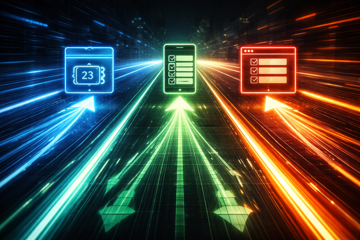 Three blazing fast lanes to victory—store drop, app lottery, web lottery—neon icons racing forward like a countdown, high-speed urgency and do-or-die momentum