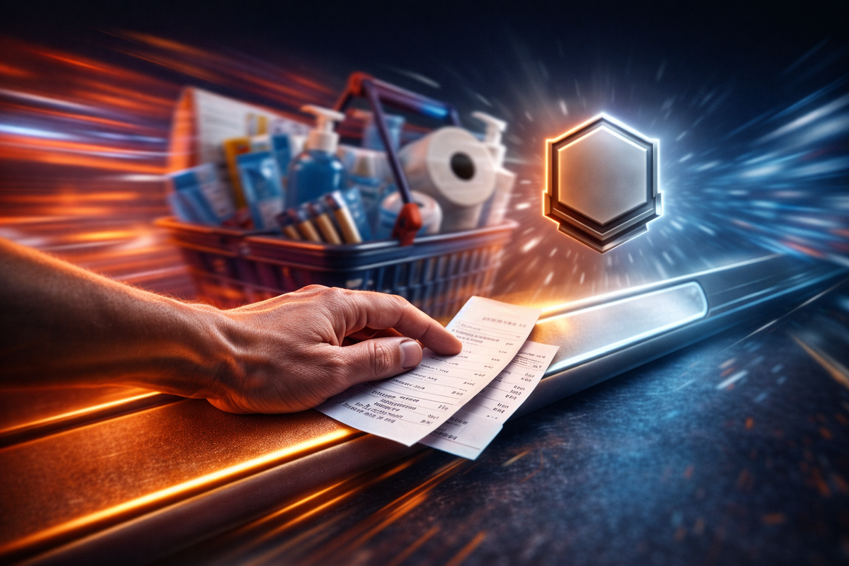 Receipt-in-hand “Silver rank” breakthrough—everyday essentials piled in a basket, upgrade badge glowing like a trophy, desperate hope turning into relieved confidence