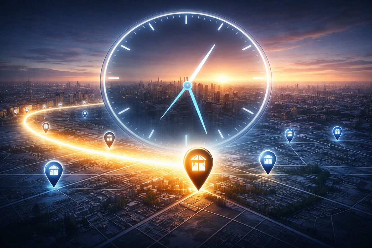 Massive clock over a city map of store pins—golden sunrise timing window, shortest path highlighted, heartbeat-level urgency to hit the right shop at the right minute
