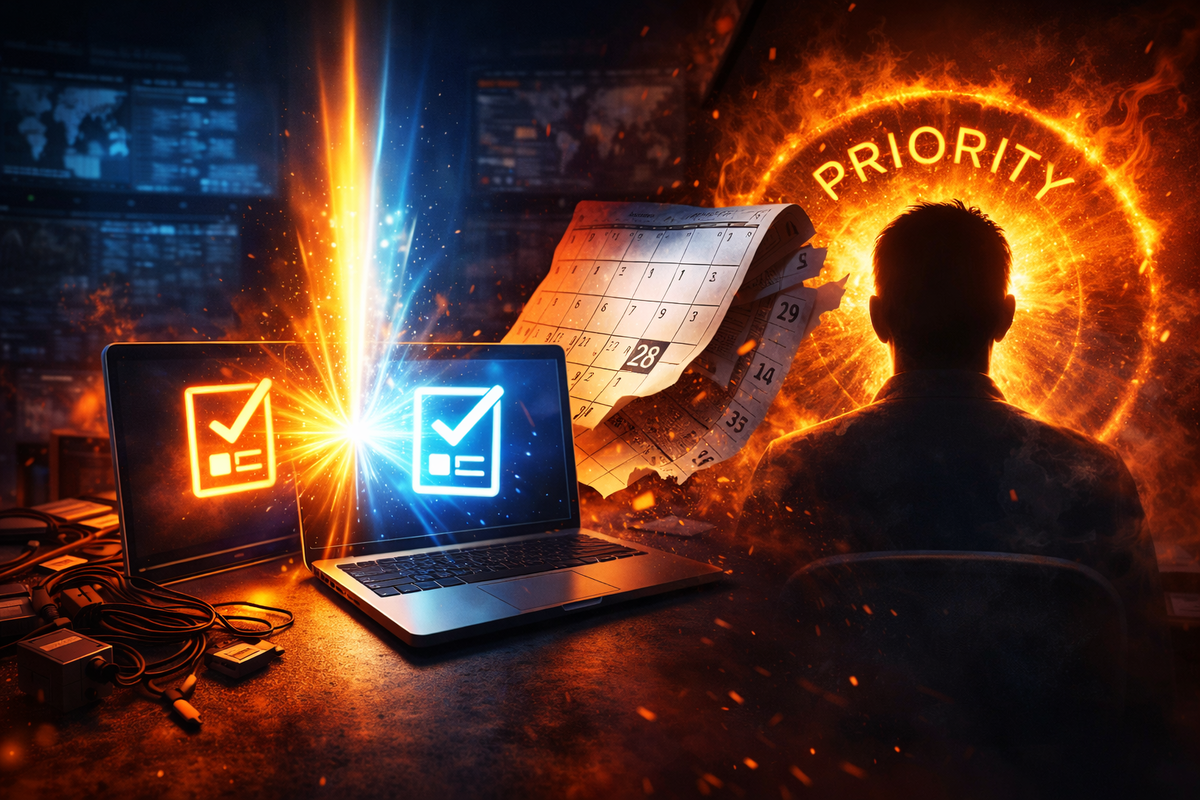 War-room decision storm—laptop checkmarks, exploding calendar pages, “priority” halo heat—laser-focused strategy, anxious energy, and ruthless optimization to win the drop