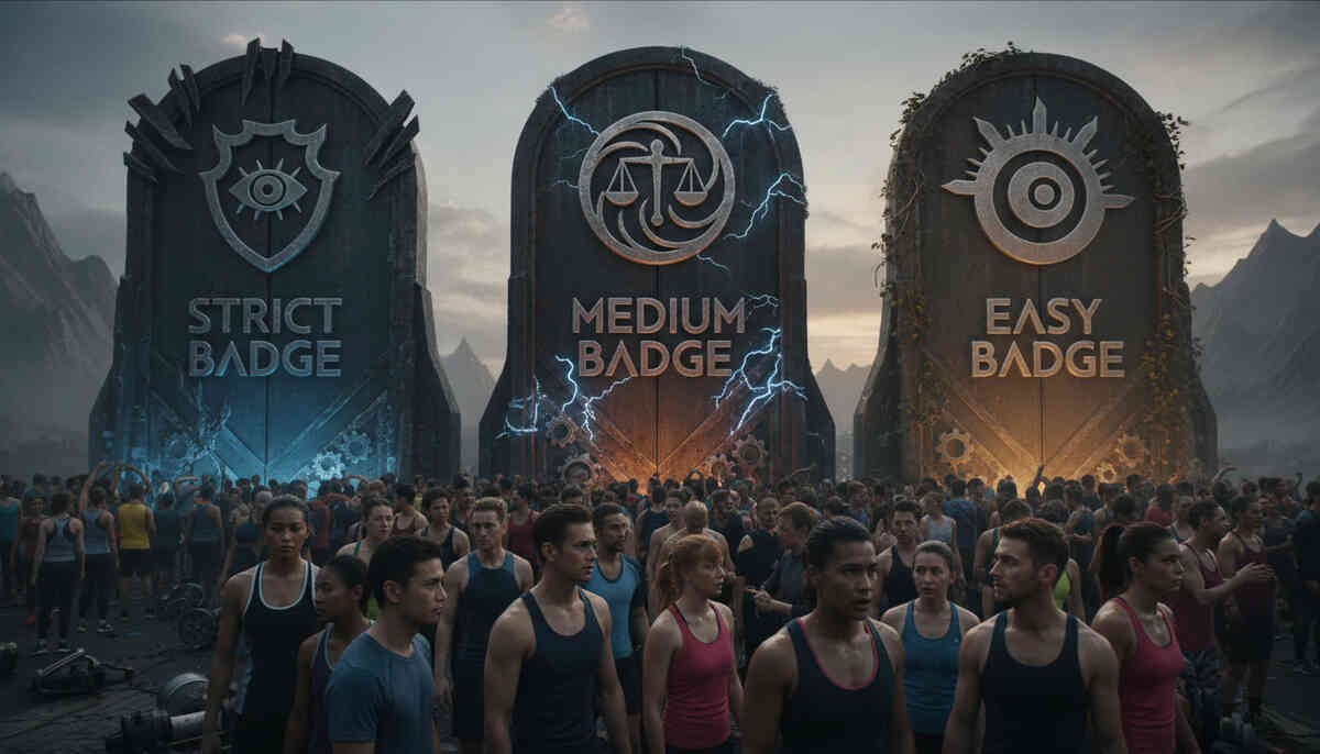 Crowd facing three towering gates—strict vs medium vs easy purchase hurdles—electric tension, social frenzy, and the brutal reality of which retailer is actually survivable