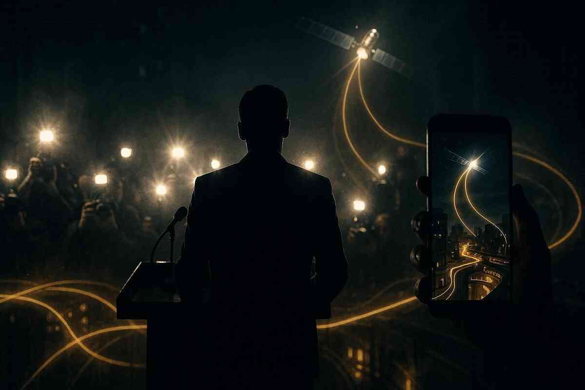 Shadowy keynote silhouette under blinding camera flashes as a satellite locks onto a smartphone—breaking connectivity news, chills-down-the-spine “no-signal era ends” energy