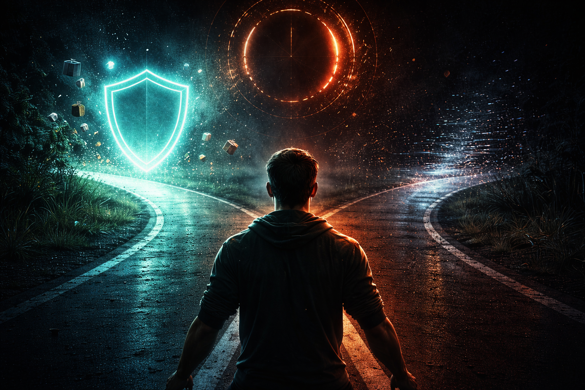 Lone user at a midnight crossroads facing a glowing shield on one path and a fiery unknown on the other—high-stakes “switch now or regret later” tension, protective relief vs risk