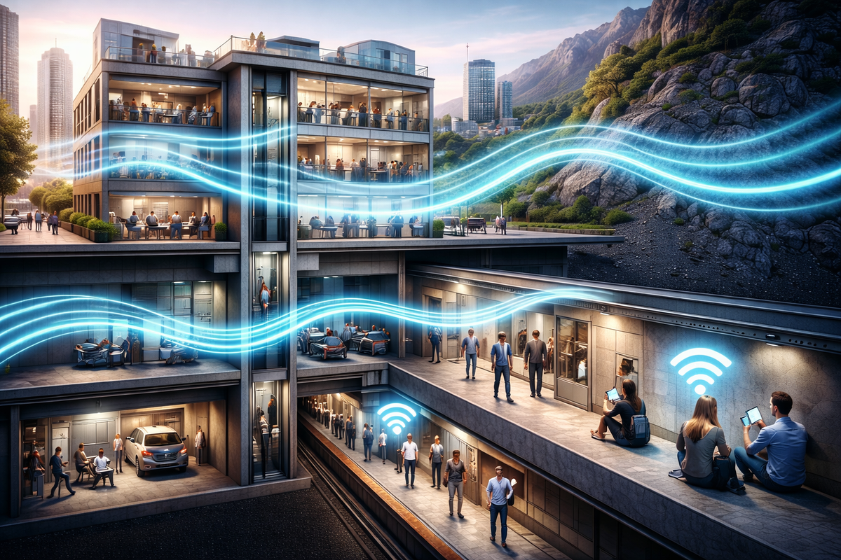 Cutaway city-to-mountain scene with luminous low-frequency waves flowing through buildings and underground—finally-real indoor coverage, calm confidence replacing dead-zone anxiety