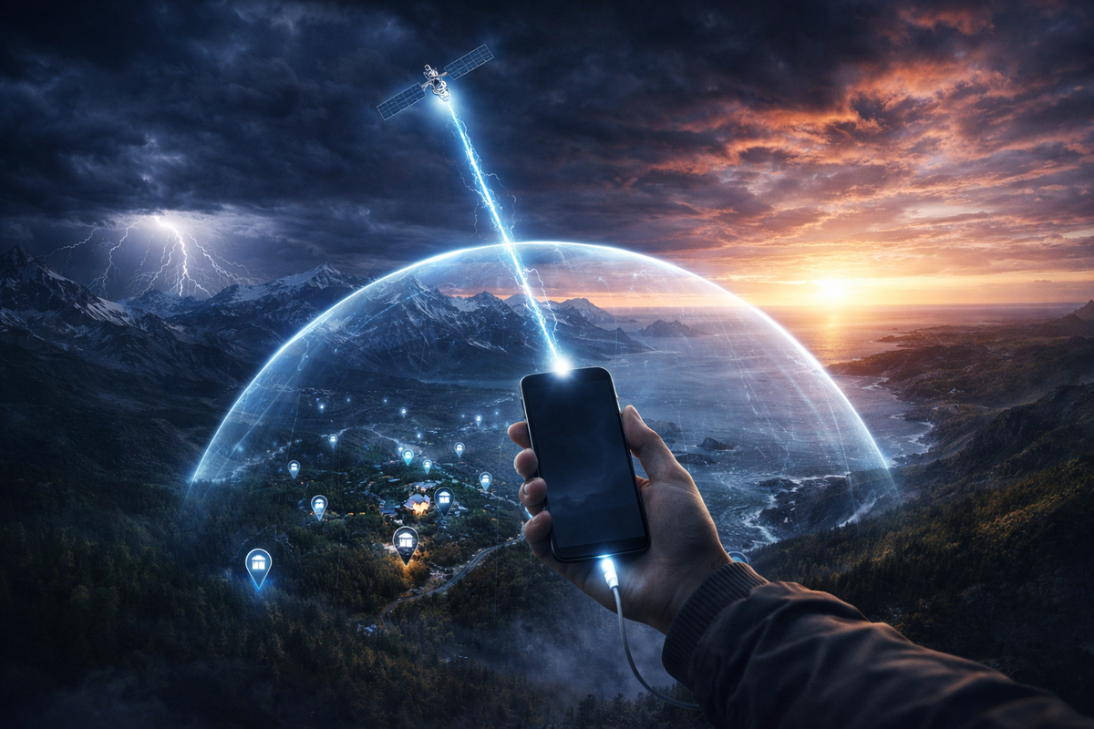 Handheld phone hit by a razor-bright satellite beam over stormy mountains and coastline—emergency lifeline vibes, “signal anywhere” hope punching through the darkness