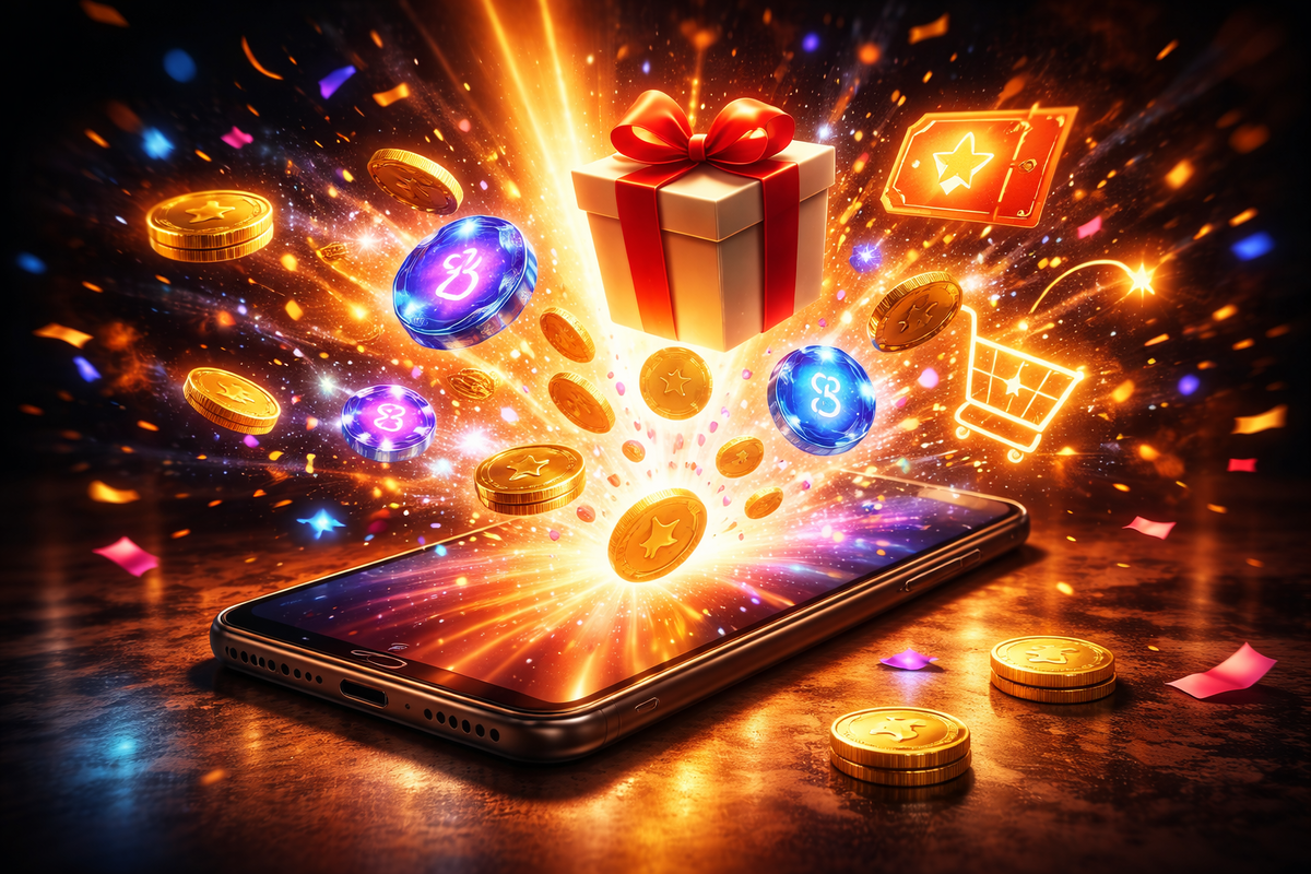 Smartphone bursting with coins, rewards, and a gift box in a fireworks explosion—irresistible deal rush, dopamine-heavy “grab it before it vanishes” savings euphoria
