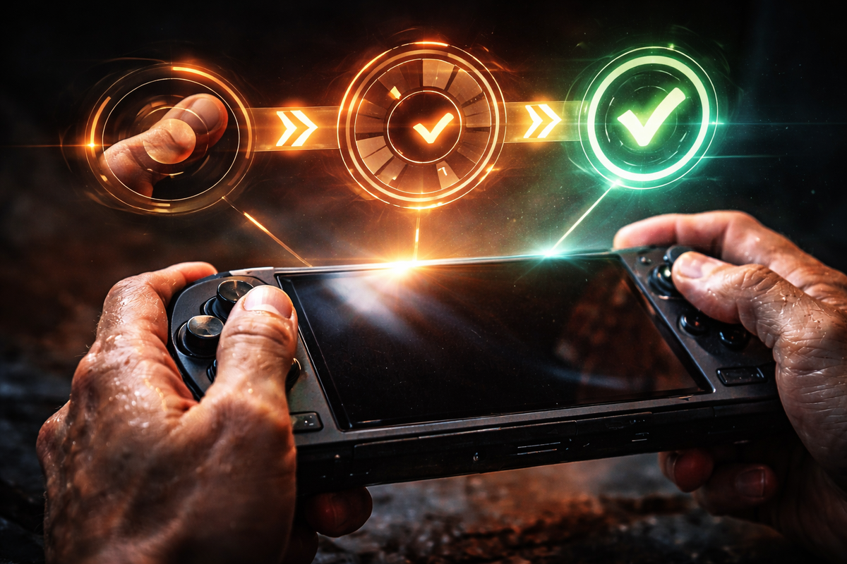 Sweaty hands gripping a handheld console as three neon checkmarks light up—fail-proof save steps, fast confirmation, pure relief after the panic