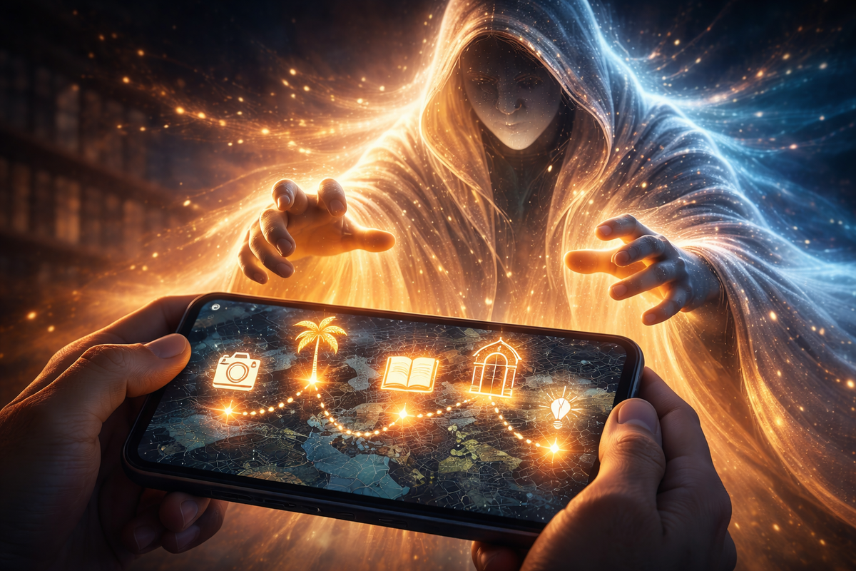 Mystic “backup power” vibe—hands holding a phone as a glowing path of icons rewinds your adventure, second-chance hope when you regret a mistake