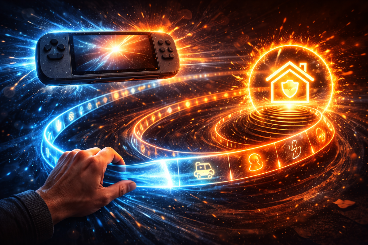 Satellite-speed safety bubble over a handheld console—secure home-shield backup orbiting your timeline, unstoppable confidence that your data survives anything