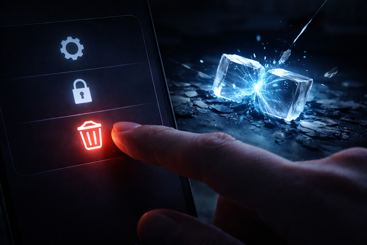 Finger hovering over a red delete icon while a frozen save shatters—terrifying point-of-no-return energy, “are you SURE?” restart danger in one tap