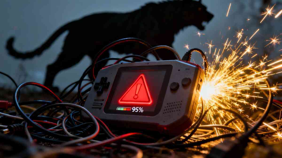 Chaos mode: warning triangle at 95% with sparks and tangled cables—save failure nightmare, corrupted-data dread, urgent troubleshooting adrenaline