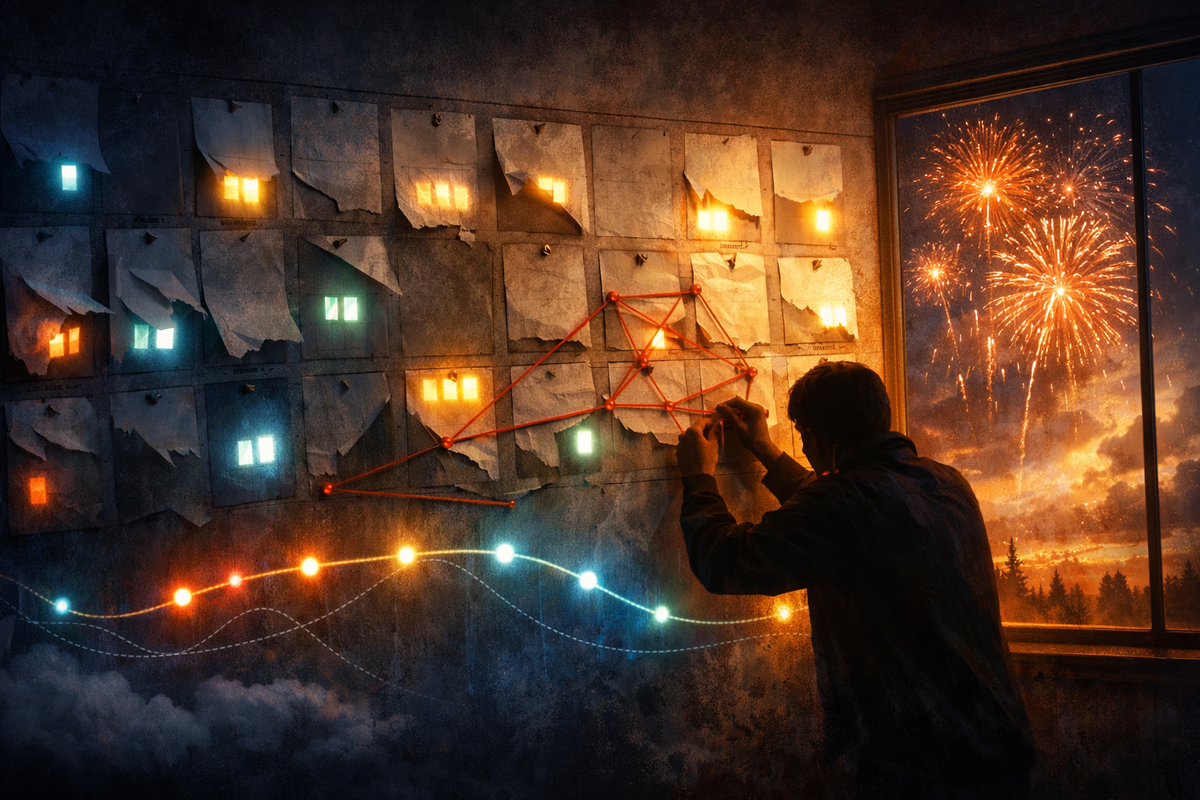 Shadowy planner building a red-string timing map on a wall of torn notes while fireworks explode outside—end-of-year suspense, obsessive focus, thrilling hunt vibes