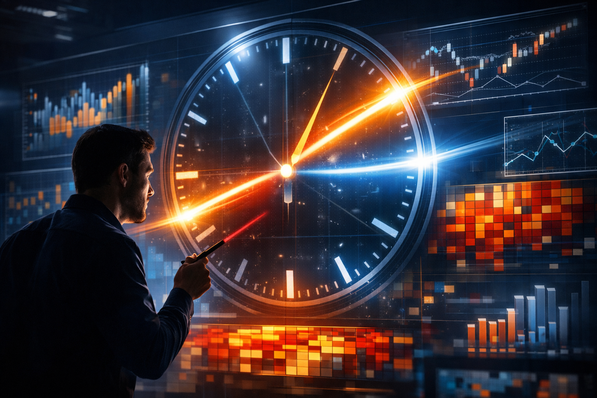 Analyst facing a gigantic clock wrapped in soaring data charts—laser-focused timing window, high-stakes countdown pressure, cold precision with electric urgency