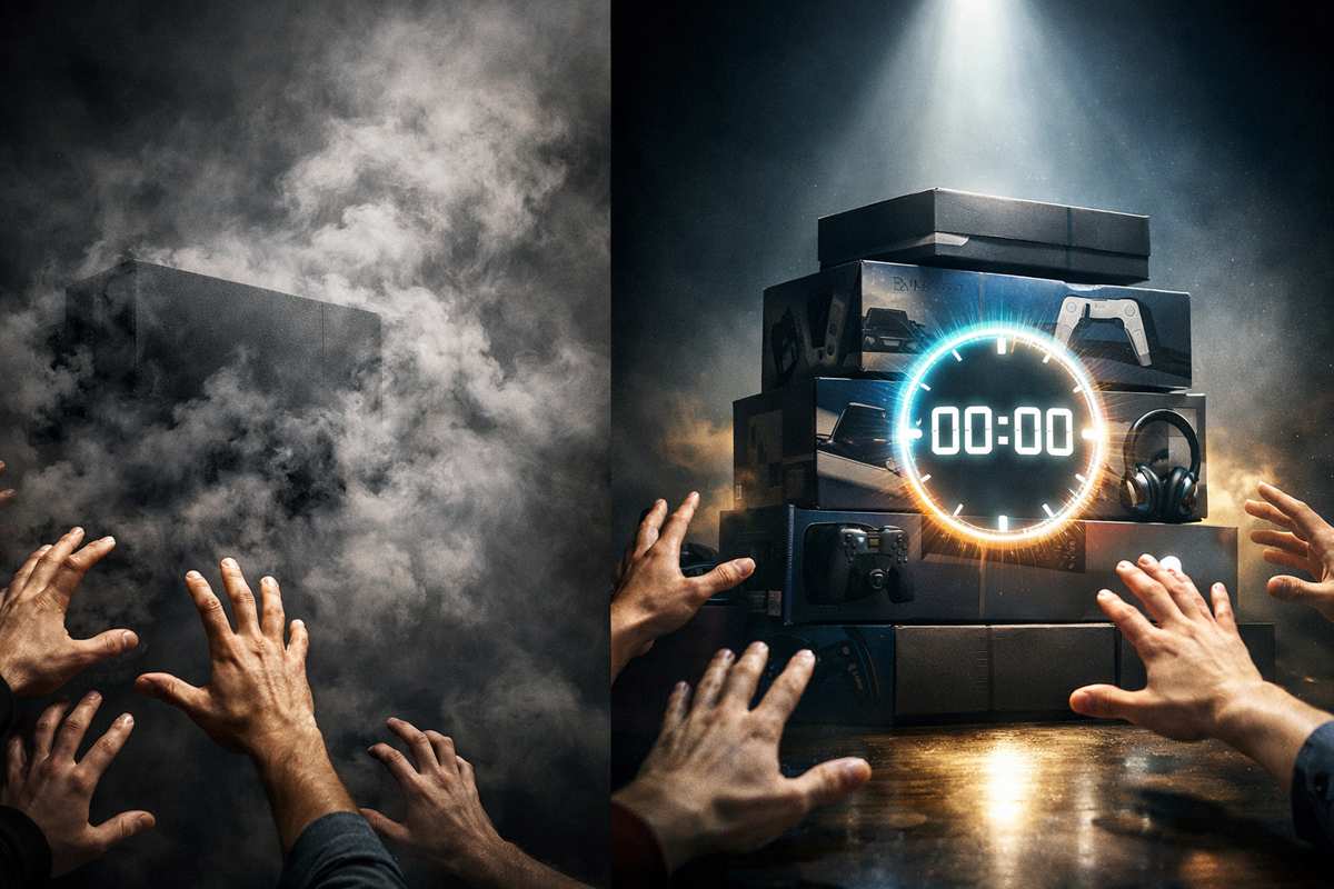 Empty shelf choking with smoke beside a towering bundle stack under a glowing 00:00 countdown—hands reaching in chaos, blink-and-you-lose tension, desperate hope turning fierce