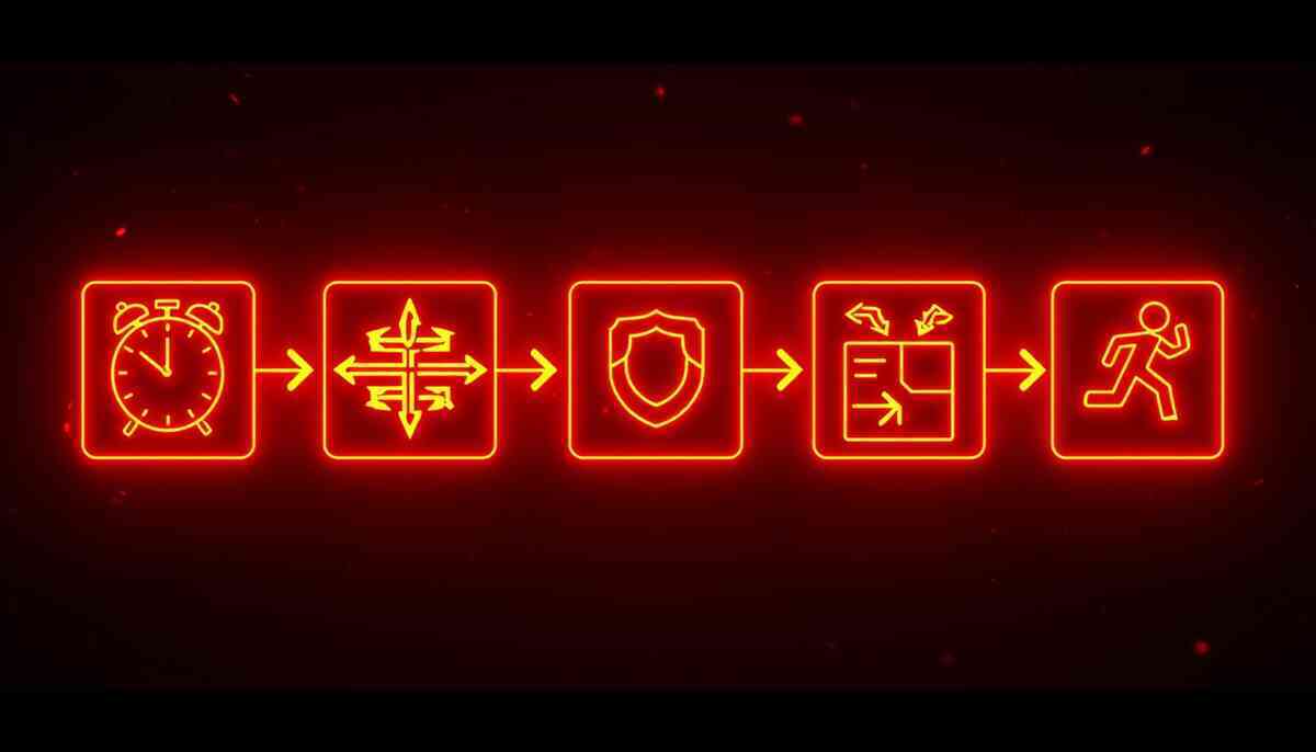 Neon-red five-step battle plan icons—alarm → route → shield → fast checkout → sprint—ruthless speed, do-or-die momentum, instant-action hype