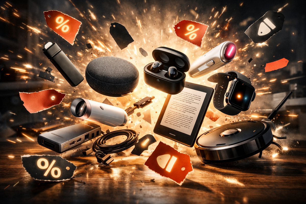 Exploding pile of unbranded gadgets and flying % tags—jaw-dropping doorbuster energy, chaotic bargain rush, dopamine “must-grab” deals, shock-and-awe savings vibes