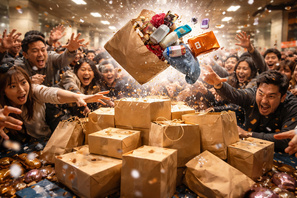 Wild lucky-bag frenzy: a ripped paper bag blasting out mixed goodies as a crowd lunges with desperate smiles—scarcity heat, fight-for-it excitement, instant sellout chaos, pure jackpot thrill