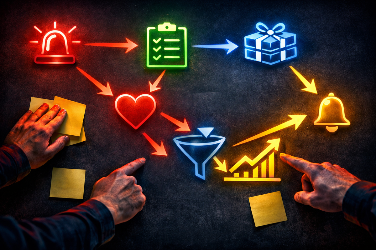 Neon battle-plan flowchart with alert, checklist, wishlist, filter, growth chart, and bell icons—ruthless deal strategy mood, “I’m not losing” determination, clean hacks-to-win momentum