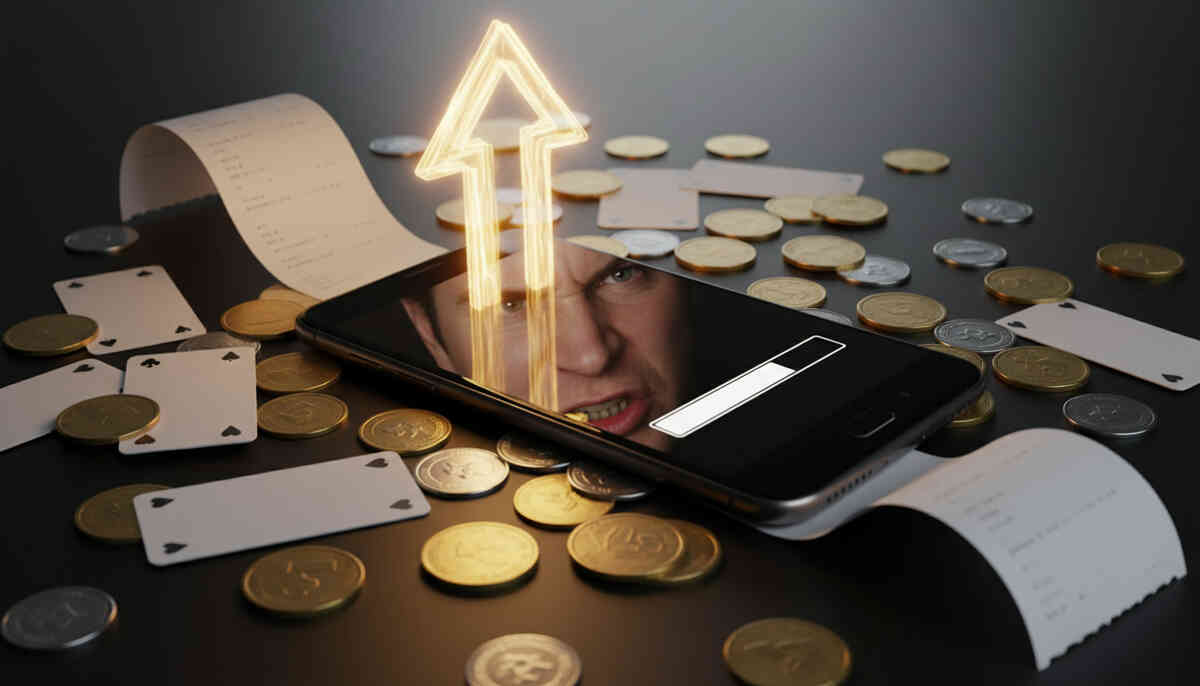 Coins and receipts scattered around a phone with an upward glow arrow and intense face reflection—cashback obsession, points-boost craving, high-stakes saving adrenaline, victory-or-bust focus