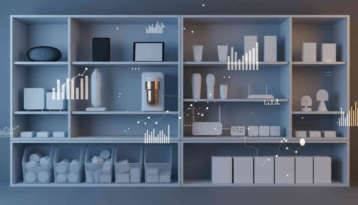 Minimal shelves of generic must-buy categories with floating charts and trend lines—data-backed confidence, cold smart-shopping clarity, “no regrets” picks, money-saving satisfaction in one glance