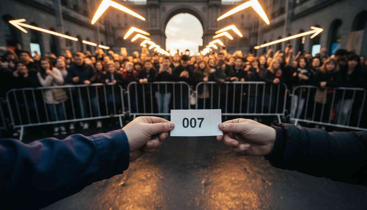Close-up hands gripping a numbered entry ticket while a massive crowd presses behind barriers—high-stakes gatekeeping moment, adrenaline spike, “this decides everything” pressure