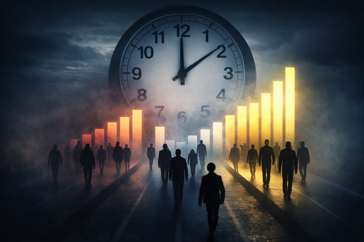 Giant clock looming over silhouettes walking through rising success bars—arrival-time destiny, brutal probability vibes, hope vs regret in the fog, the feeling of being early or being doomed