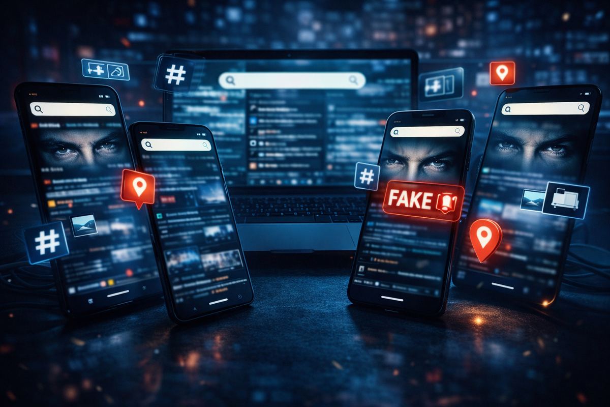 War-room of screens: multiple phones and a laptop flooded with rapid posts, hashtags, map pins, and a bold “fake” warning—panic-to-clarity intel hunt, paranoia, verification thrill, beat-the-rumor energy