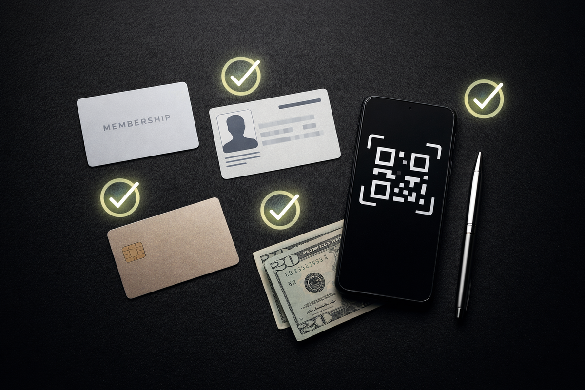 Minimalist prep flat-lay: membership card, ID, credit card, cash, pen, and a phone showing a QR-style pass with glowing checkmarks—calm control before chaos, “ready to win” confidence, zero-mistake mindset