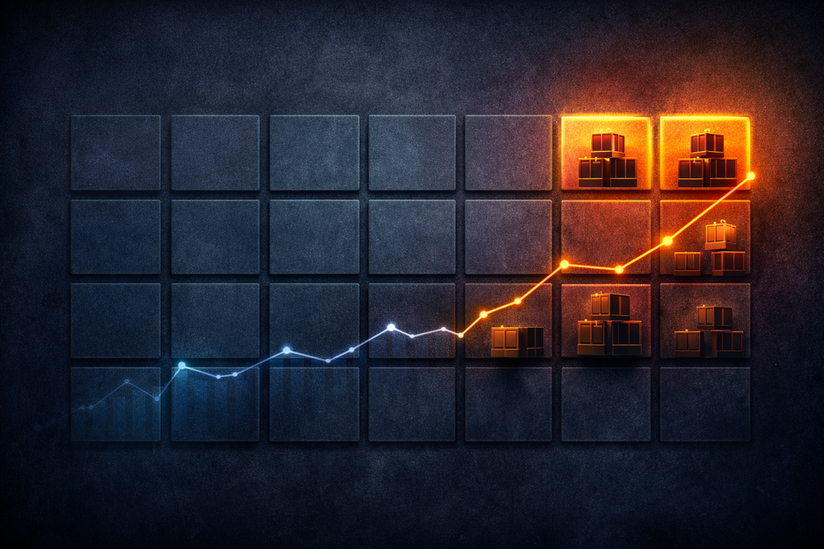 Dark calendar grid with certain days blazing and stacked delivery crates, a rising trend line cutting upward—restock-pattern obsession, strategic patience, the surge of optimism when the hot days light up