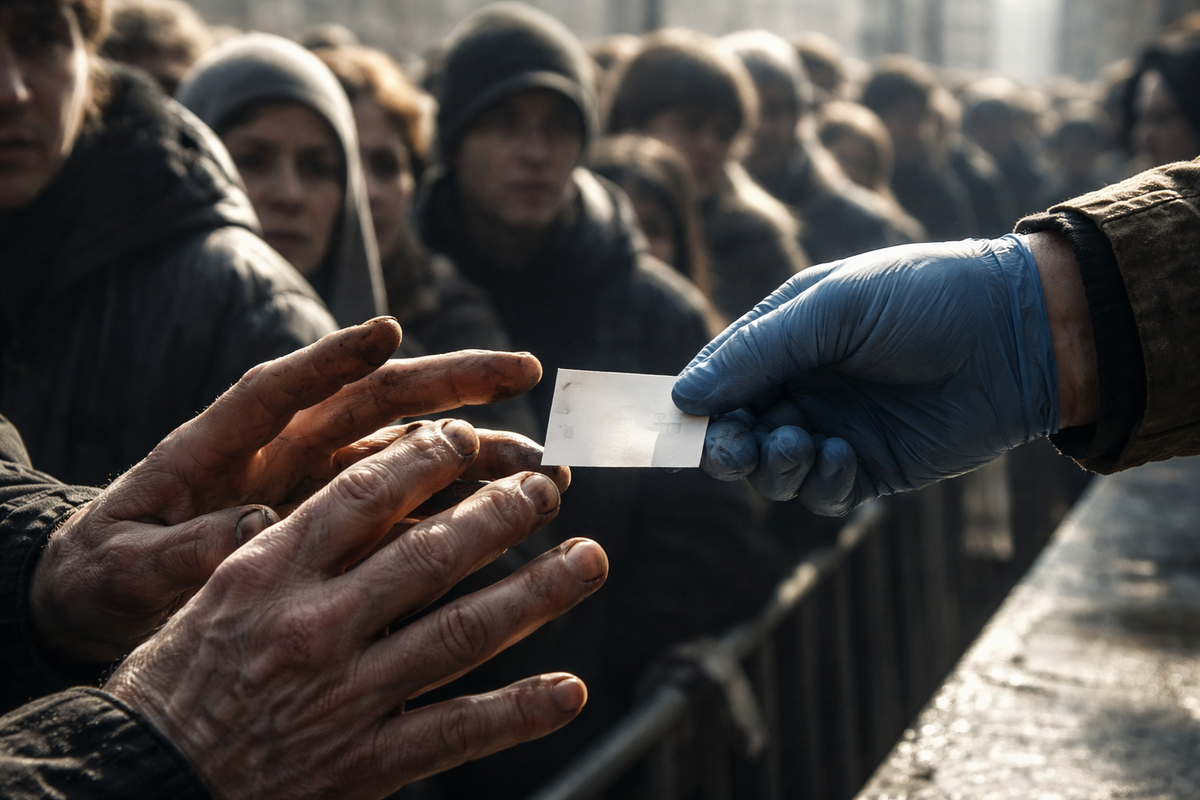 Do-or-die ticket handoff—gloved staff hands a blank numbered pass to trembling fingers while the line stares—raw hope, scarcity panic, split-second fate