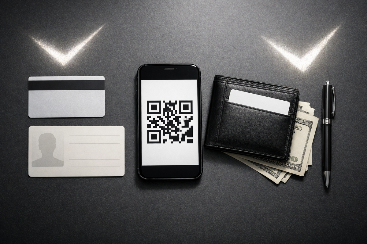 No-excuses purchase checklist flat-lay—ID, membership card, QR-style phone pass, wallet cash, pen—hyper-prepared, locked-in focus, last-chance determination