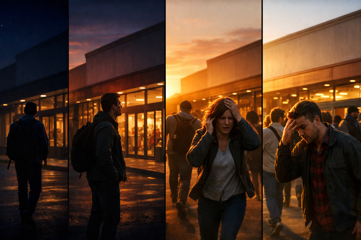 Four-scene time-lapse outside a big storefront from night to golden hour—hope turns to chaos and regret—crowd pressure, stomach-knot anxiety, brutal timing reality