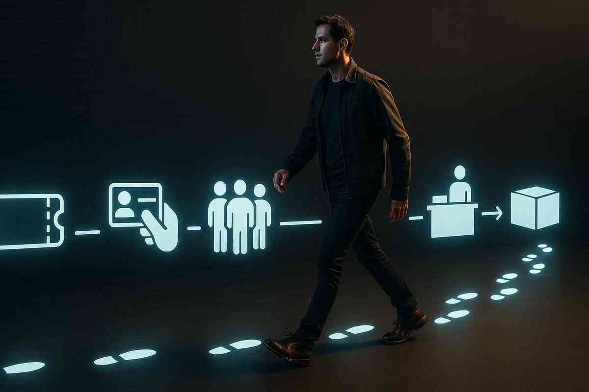 Glowing step-by-step journey path—ticket → ID check → queue → counter → pickup—calm precision in a storm, mission-mode focus, victory-in-sight momentum