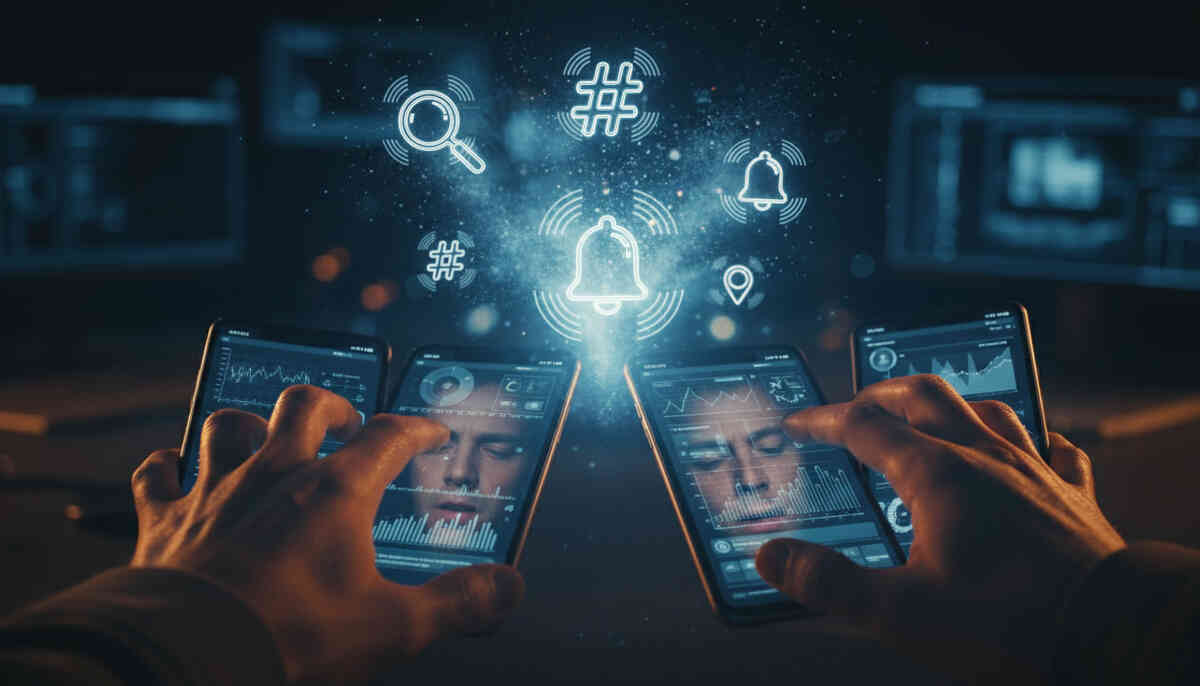 War-room hands juggling multiple smartphones as alert, hashtag, and bell icons burst in the air—refresh-frenzy obsession, sleepless focus, “catch it first” panic energy