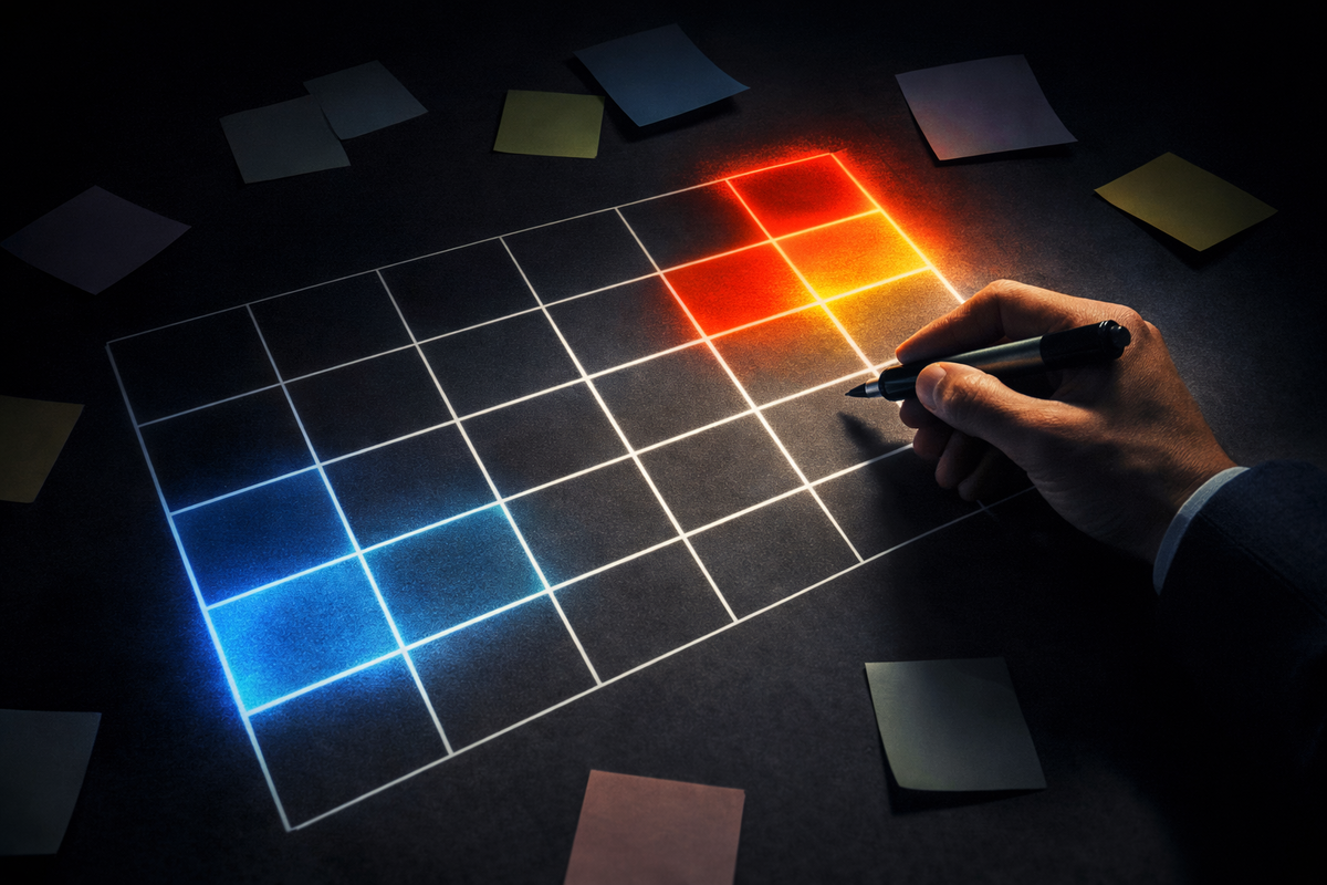 Glowing blank calendar grid with red-hot “high chance” blocks and cool “low chance” zones—cold-blooded prediction mood, control-vs-chaos tension, dopamine planning
