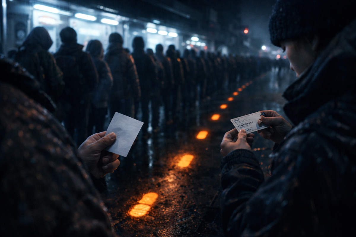 Pre-dawn line stretching forever on wet pavement, two people clutching a ticket and ID in trembling hands—make-or-break pressure, nervous hope, heartbeat-in-throat urgency