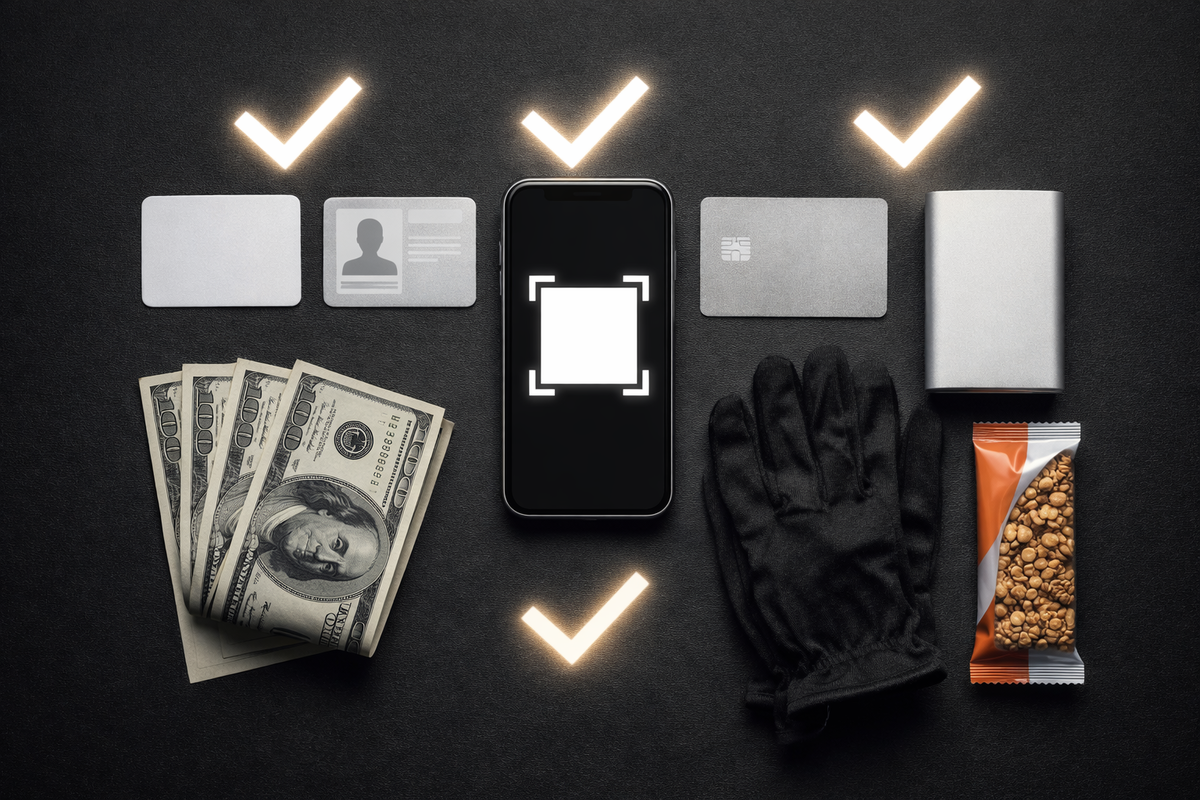No-excuses prep flat-lay: ID, membership cards, phone scan frame, cash, gloves, snack, power bank with glowing checkmarks—locked-in readiness, survival kit confidence, zero-mistake intensity