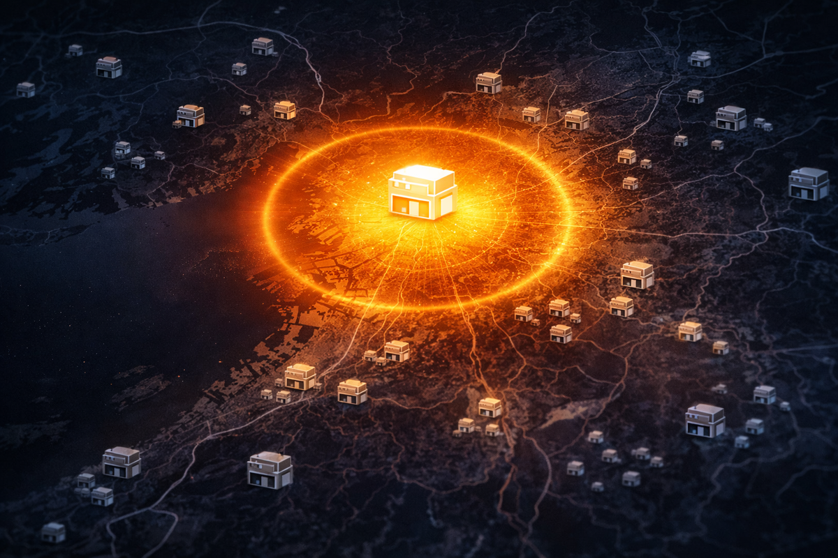 Osaka-area store map concept with one central location blazing like a beacon while others fade—dominant hotspot aura, winner-takes-all certainty, ruthless advantage vibe