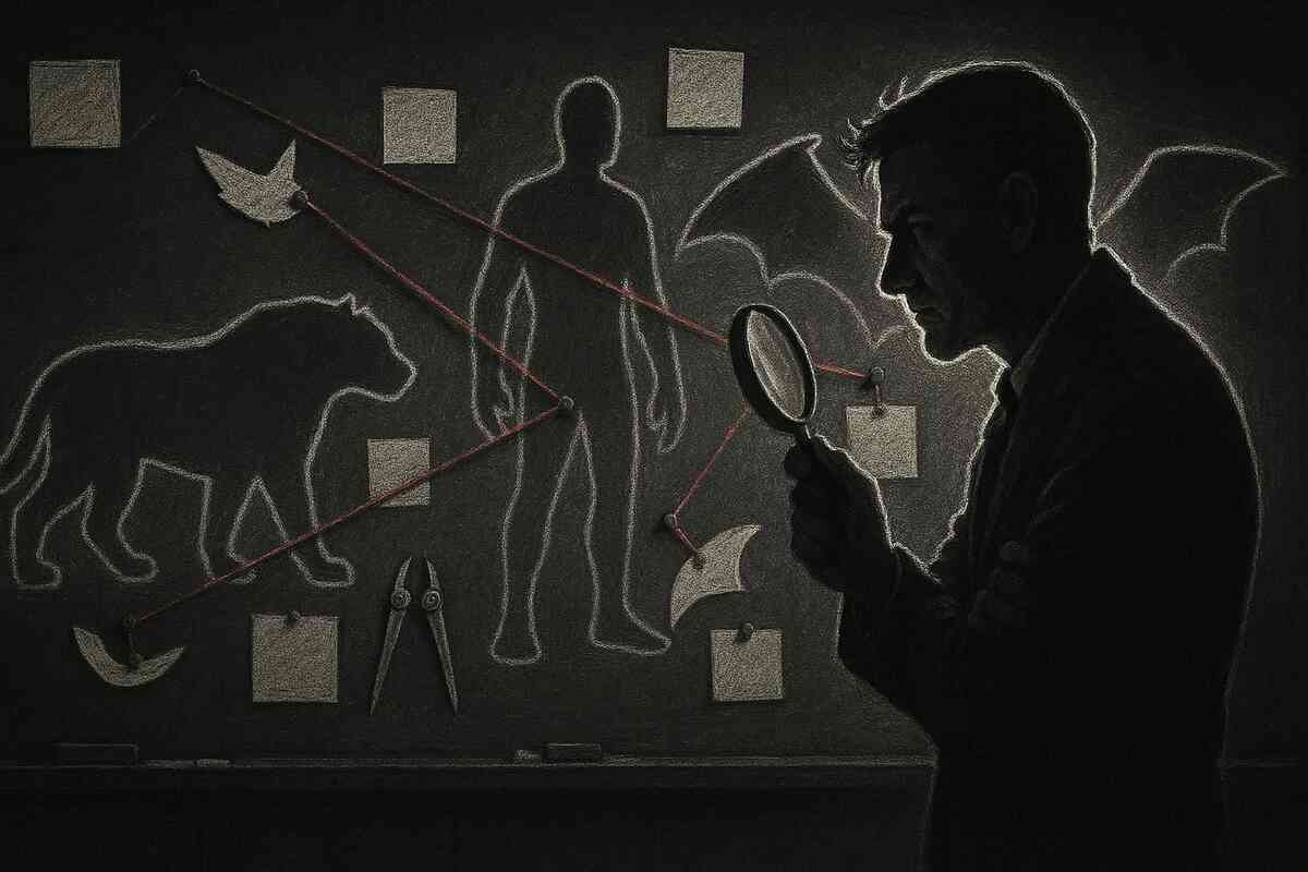 Dark detective board under spotlight—silhouette of a man connecting beastly outlines with red strings—intense deduction energy, eerie curiosity, the hunt for the true form begins
