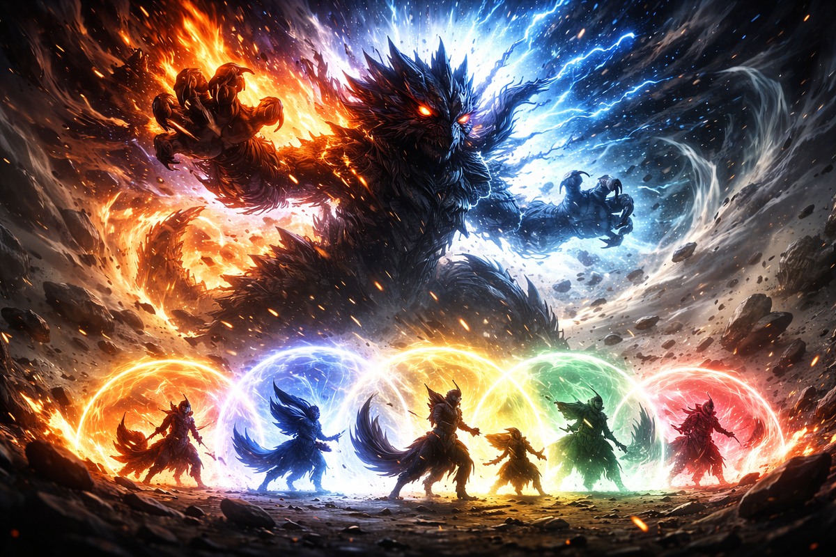 Massive elemental monster unleashing chaos—five glowing heroes with color-coded energy shields face it head-on—roaring power, unity, and desperation in a single frozen moment