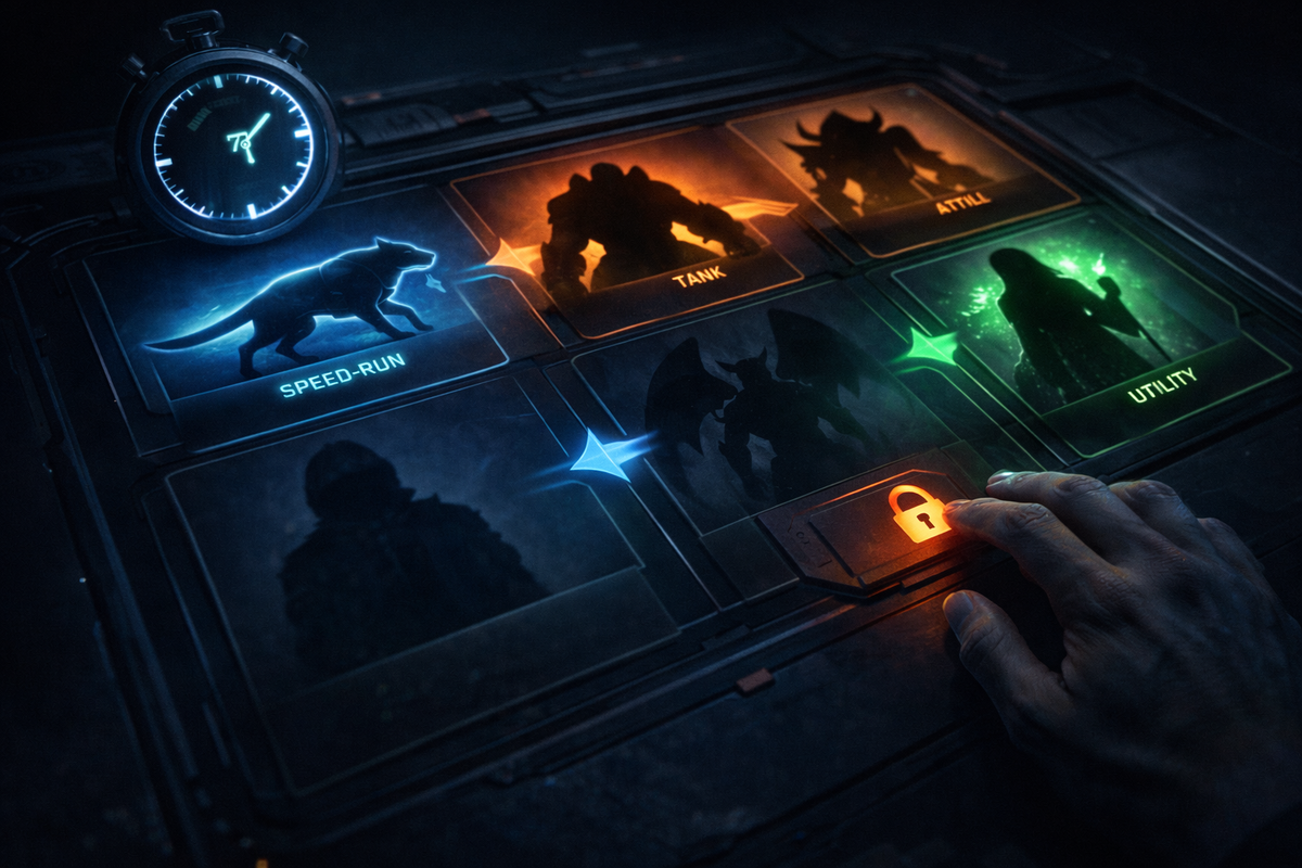 Futuristic battle selection screen glowing in blue and orange—speed-run, tank, and utility roles pulsing with light as a hand hovers to choose—tactical intensity, game-start tension
