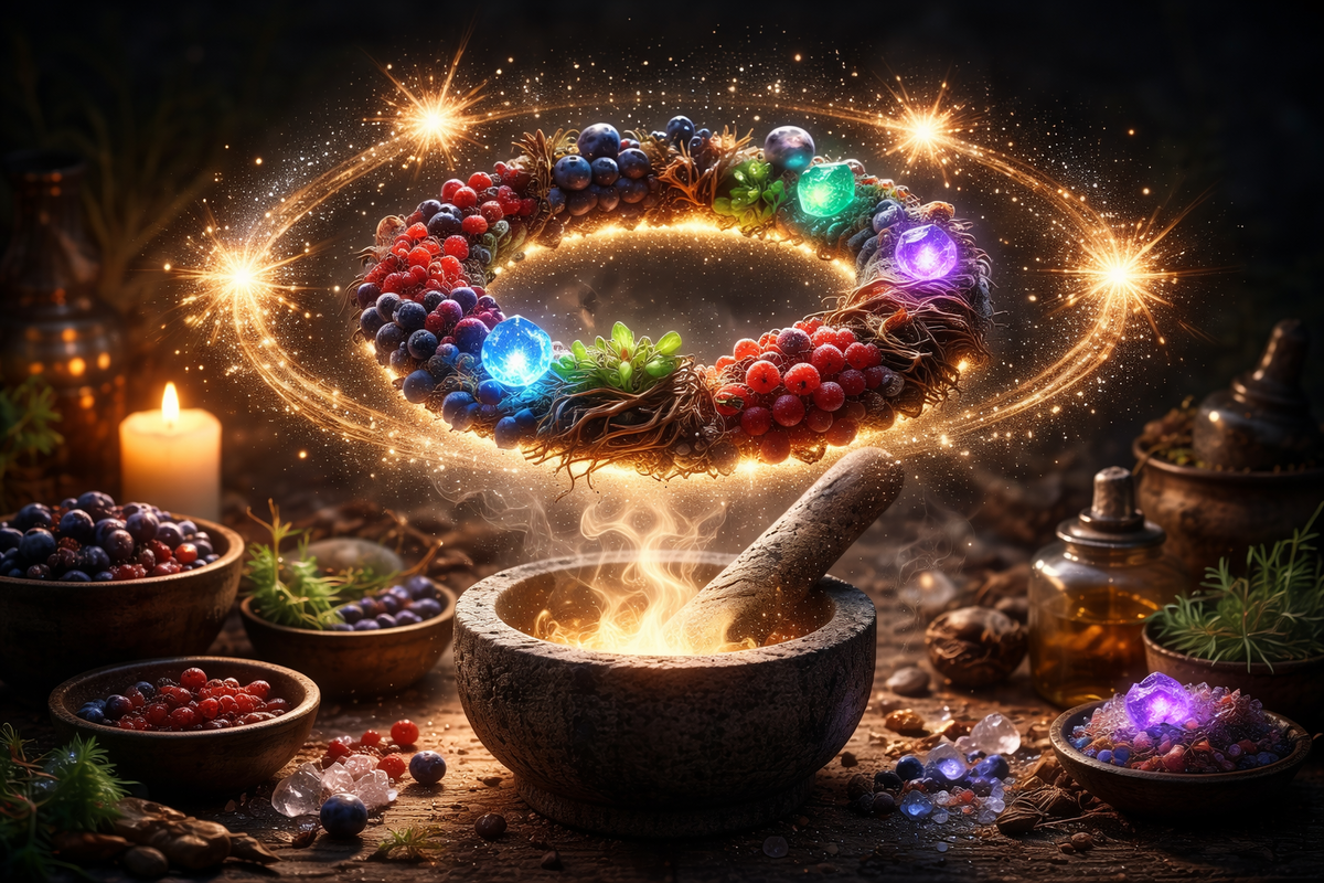 Magical alchemy ritual with floating wreath of berries, herbs, and gemstones glowing midair—crafting perfection, aroma of victory, and the quiet madness of chasing the ultimate recipe