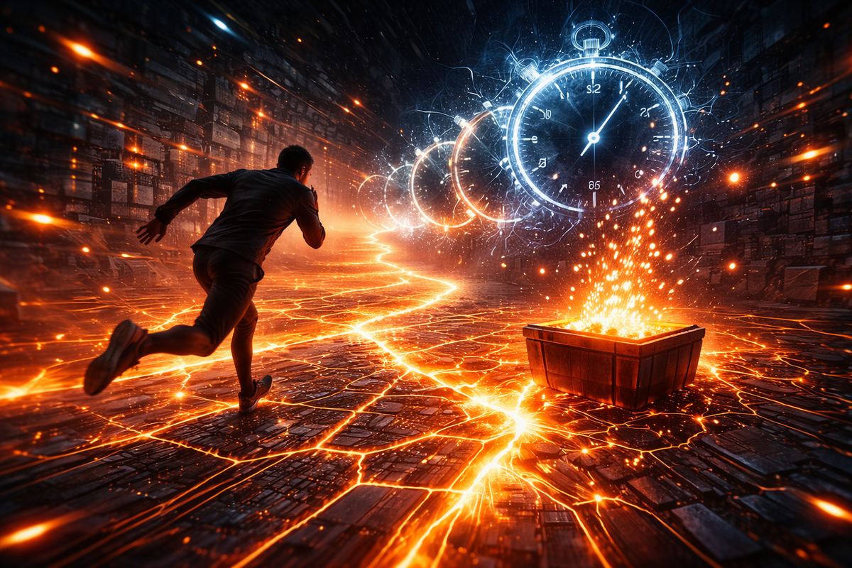 Runner sprinting through a lava-lit corridor toward a glowing timer and treasure—molten determination, fiery urgency, unstoppable grind for time and reward