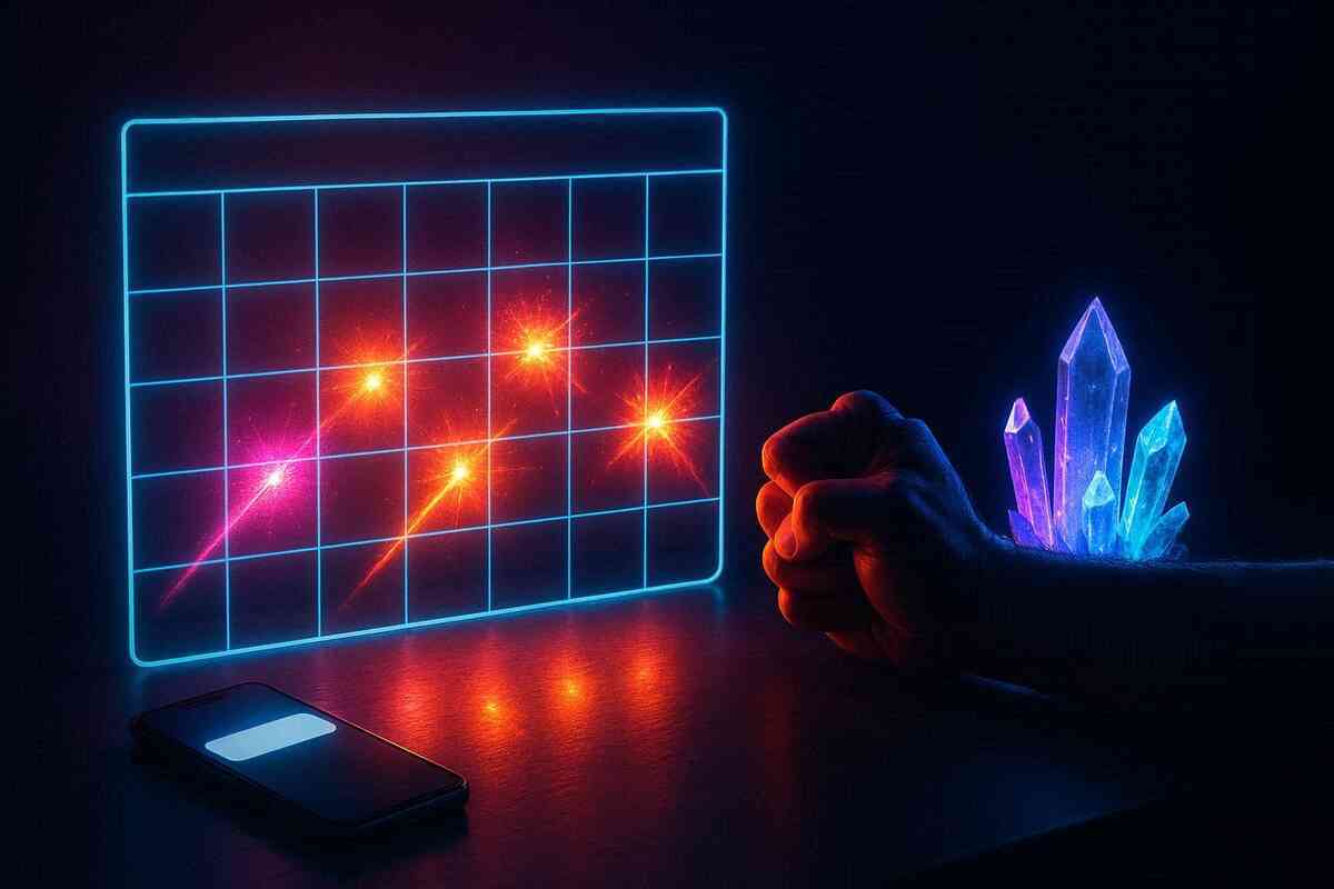 Neon calendar grid exploding with streaking sparks beside a clenched fist and glowing crystals—heart-racing “when to pull” timing, urgency, and win-or-waste pressure