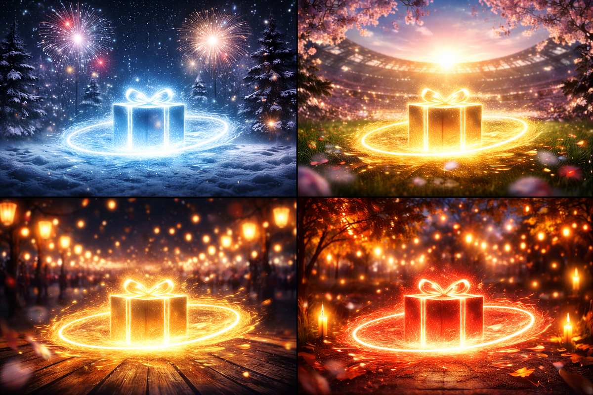 Four-season lucky-gift collage (winter fireworks, spring stadium sunrise, summer lantern glow, autumn candle haze)—annual gacha cycle vibes, can’t-miss drop windows, destiny-of-your-squad energy