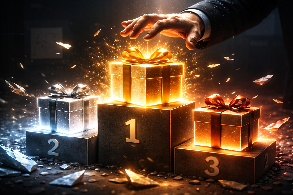 Podium of three blazing gift boxes as a hand reaches for #1—top-priority pulls ranked, dopamine decision moment, “choose wrong and regret it” intensity