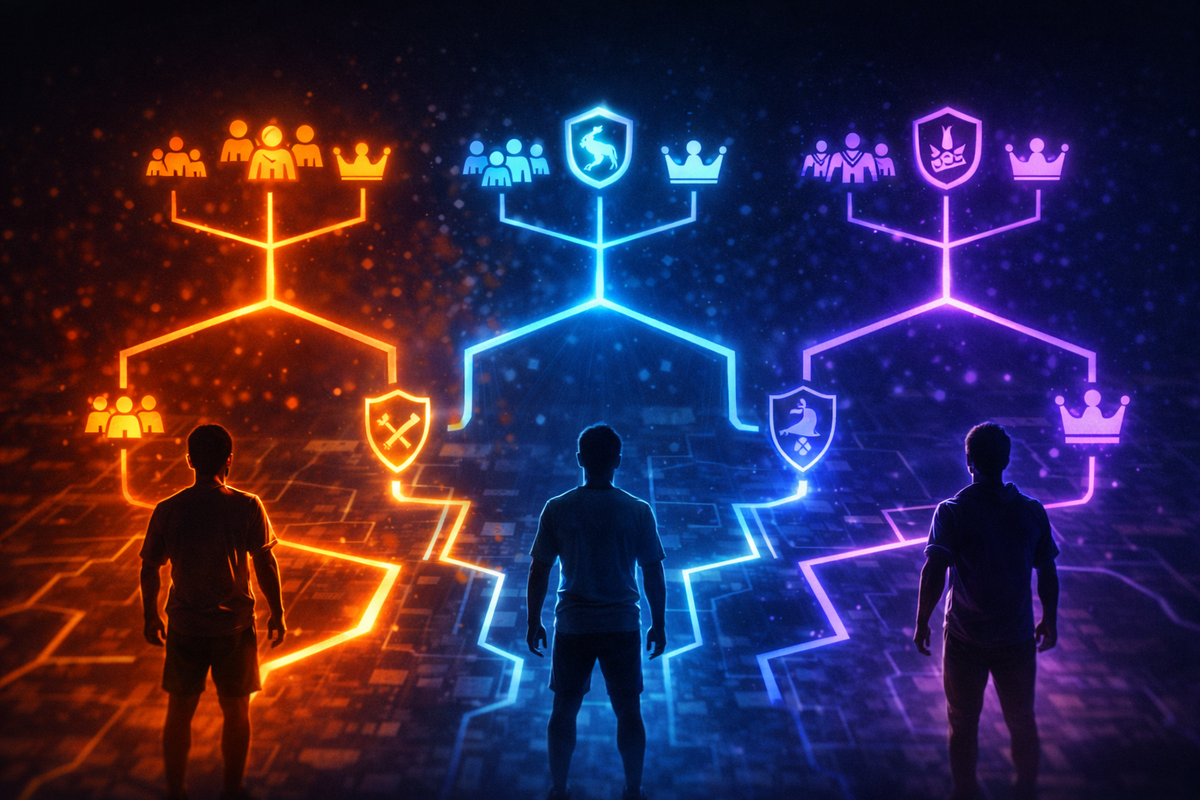 Three players staring at neon branching brackets with crowns and shields—beginner→mid→pro decision tree, ruthless optimization, your roster’s fate on one choice