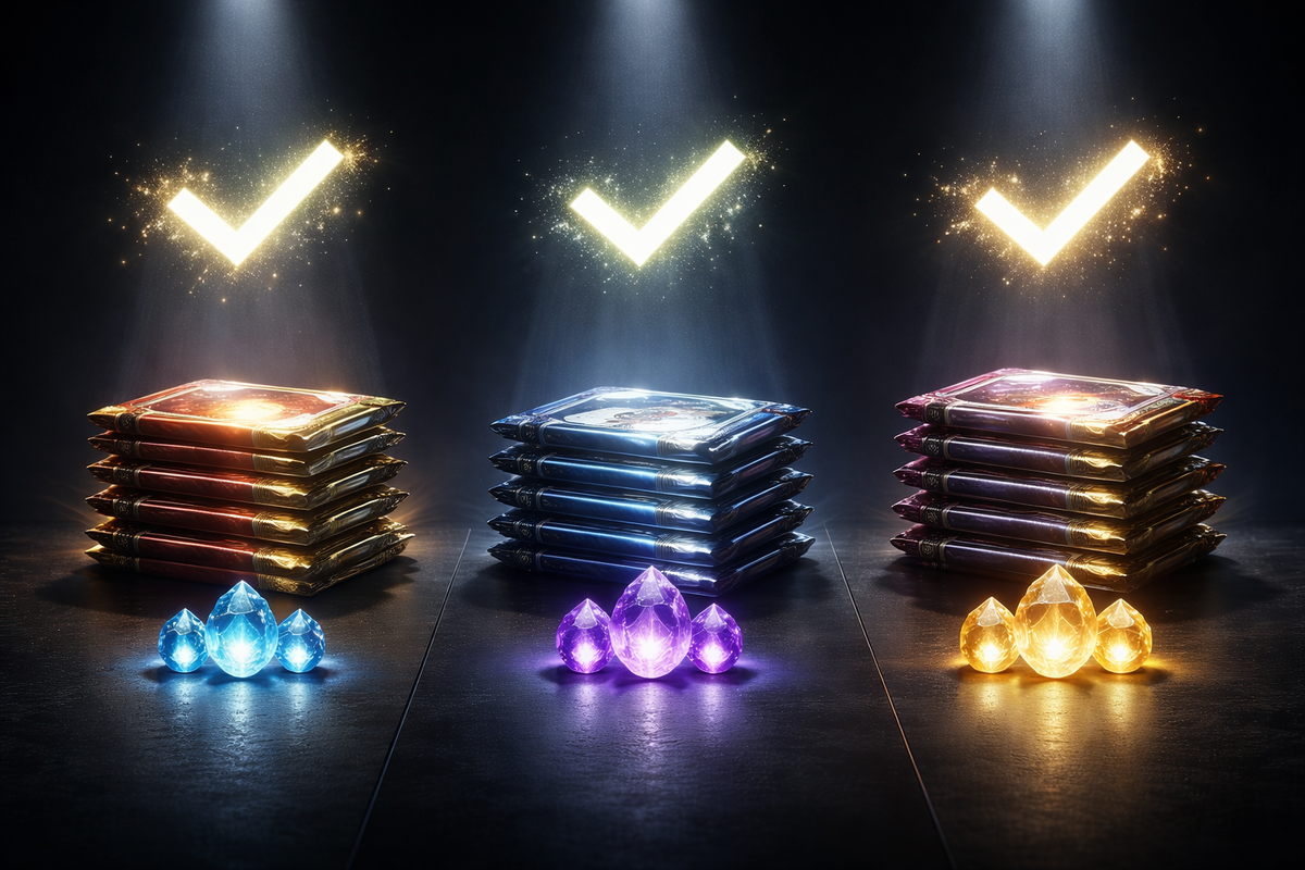 Stacks of premium card packs under spotlights with glowing checkmarks and gem piles—guaranteed-value comparison, cost vs payoff drama, pull confidence you can feel