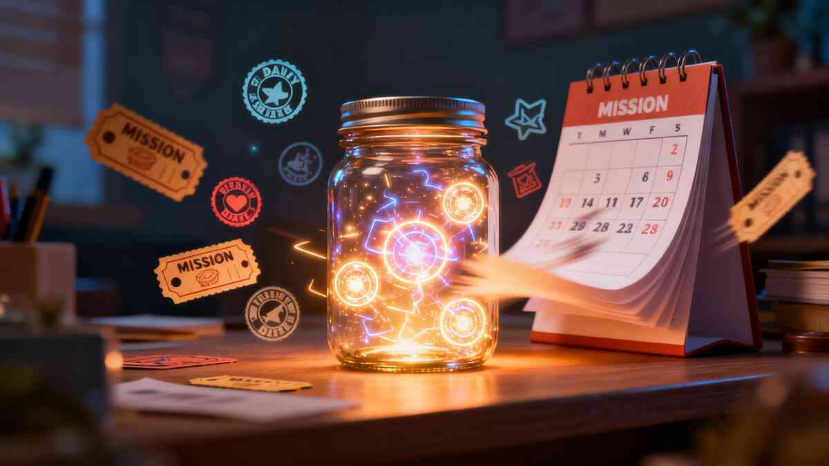 Energy jar crackling with light next to a mission calendar and flying tickets—daily grind-to-savings plan, disciplined hoarding, satisfying momentum toward the next big pull